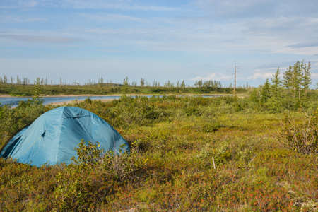 Traveling on the Putorana plateau. A tent in a tourist camp.の写真素材