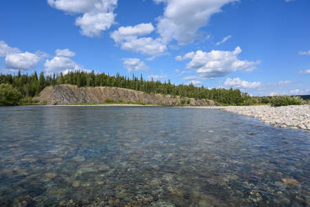 Travel along the rivers of the Circumpolar Urals. Summer landscape of the northern river of the Ural...