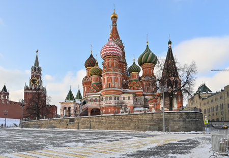 Red Square in Moscow after a snowfall. Winter in the center of the capital of Russia.