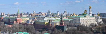 Spring panorama of the Moscow Kremlin. Panoramic photo of the historical center of the Russian...