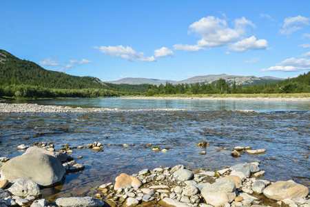 Polar Ural Mountains, Sob River Valley. Summer mountain landscape of the north of Russia.