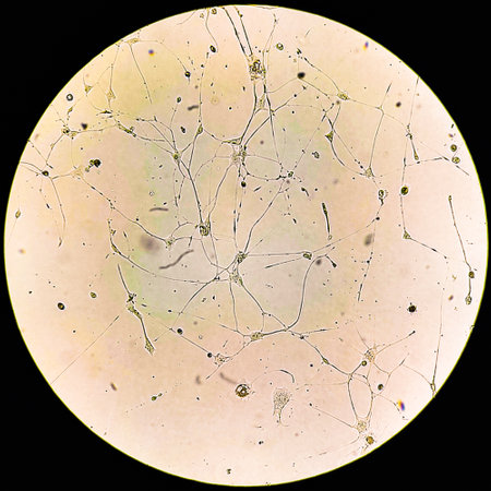 Human glioma cells. Human brainstem glioma cell culture under a microscope.