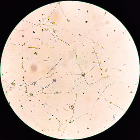 Human glioma cells. Human brainstem glioma cell culture under a microscope.