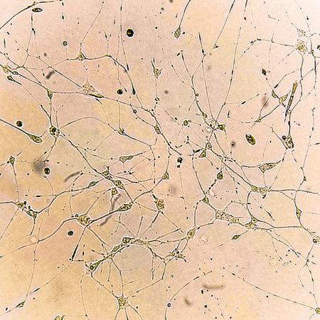 Human glioma cells. Human brainstem glioma cell culture under a microscope.