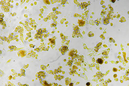 Melanoma metastasis cells in the human brain. Metastasis cell culture under a microscope.の写真素材