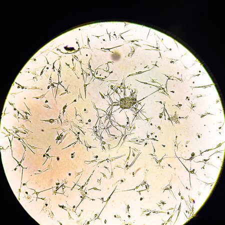 Glioblastoma cell culture. Human glioma cells under magnification.