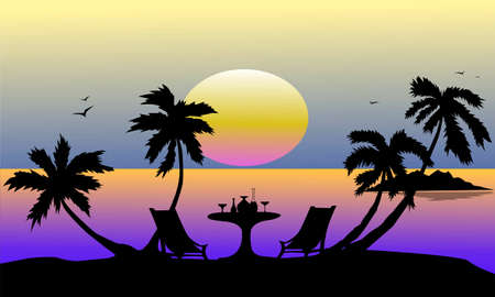 sunset on the sea coast with silhouettes of trees and a table with drinksのイラスト素材