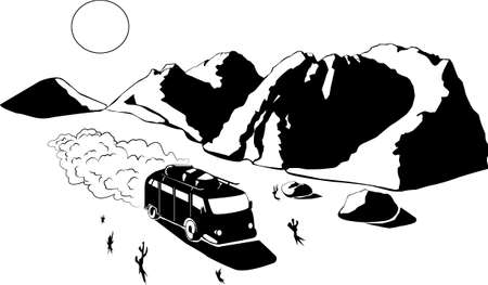 vector illustration of a minibus moving on a background of mountains and desertのイラスト素材