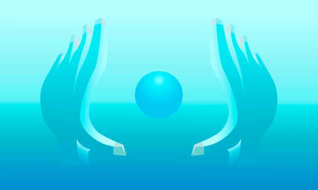 abstract background blue background in the form of a ball surrounded by figures in the form of handsのイラスト素材
