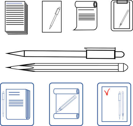 vector illustration of a set of paper and icons with pens and pencilsのイラスト素材