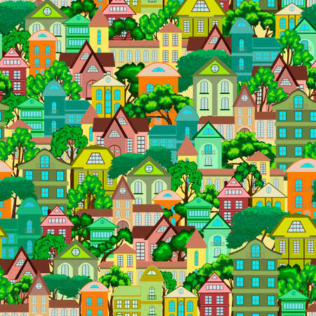 seamless pattern in the form of a city with the image of houses and treesのイラスト素材