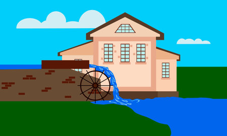 vector illustration for children depicting a water mill on the riverのイラスト素材