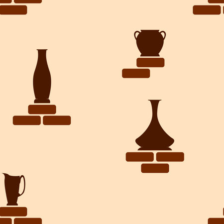 vector illustration in the form of a seamless pattern depicting a wall of bricks and vases on themのイラスト素材