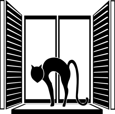 vector image of a window with open shutters and a cat on the windowsill in an aggressive poseのイラスト素材