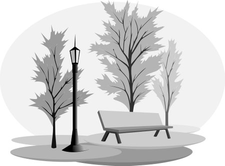 vector illustration in black and white and gray, depicting a bench to relax by a lantern in the parkのイラスト素材