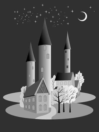 vector image of old fortress towers and houses on a moonlit night in gray tonesのイラスト素材