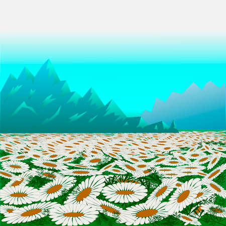 meadow with chamomile flowers on a background of mountainsのイラスト素材