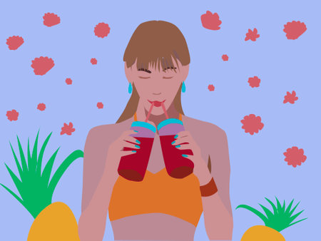 vector illustration depicting a girl drinking juice through a strawのイラスト素材
