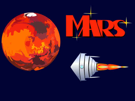 vector illustration depicting the planet Mars and a spaceship as a symbol of exploration and interplanetary travelのイラスト素材