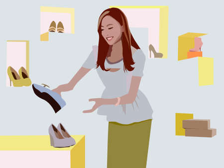 vector illustration depicting a woman choosing shoes in a fashion storeのイラスト素材