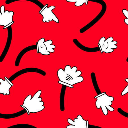 seamless pattern with the image of cartoon hands on a red background for prints on fabric for children's clothing, packaging and also for decorating rooms and playgrounds for childrenのイラスト素材