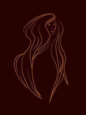 illustration with the image of luxurious hair in bright orange color on a dark brown background for prints on clothes, cards, banners and advertising of hair care productsのイラスト素材