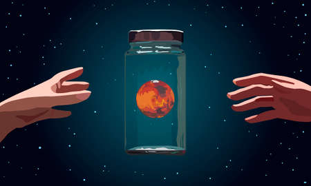 planet Mars in a jar and hands reaching for it against the background of the starry sky as a symbol of progress in the study of other planets, illustration for decorationのイラスト素材