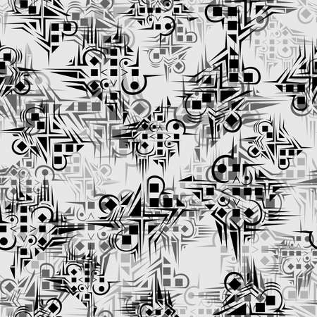 abstract seamless pattern in the form of an ornament from various simple shapes and lines in gray tones for interior decoration of houses and for prints on fabrics in vintage styleのイラスト素材