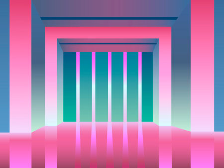 image of the interior of a room as a scene with rectangular arches and with a mirror reflection on the floor, for interior decoration, prints on postcards and also for web designのイラスト素材