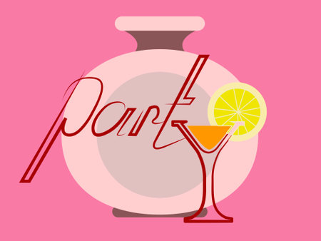 holiday flyer with the inscription party and a bottle with a glass for printing on postcards, posters, brochures, as well as for decorating bars, restaurants, for advertisements and announcementsのイラスト素材