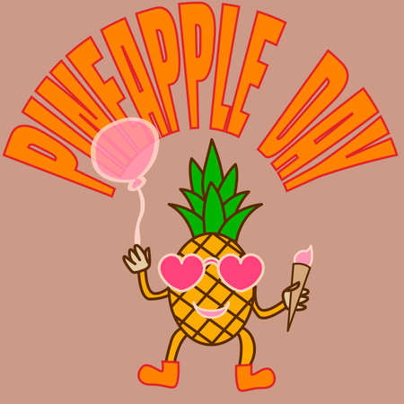 vector illustration with cartoon image of pineapple and lettering pineapple day for prints on clothes, posters, banners and for decoration of children's illustrationsのイラスト素材