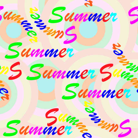 seamless colorful pattern with the image of the repeating word summer for prints on fabrics, clothes, packaging, notebook covers and for decorating rooms for children and party bannersのイラスト素材