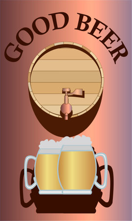 vector illustration with the image of a barrel and glasses with beer for prints on advertising banners, posters, showcases and also for interior decoration of taverns, beer bars and pubsのイラスト素材