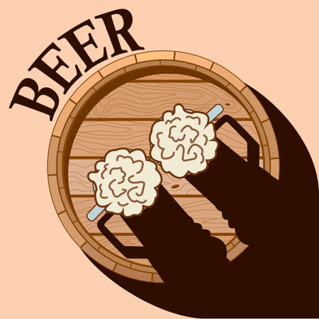 vector illustration with the image of a barrel and two glasses of beer standing on it for prints on advertising banners, posters, showcases as well as for interior design of beer bars and pubsのイラスト素材