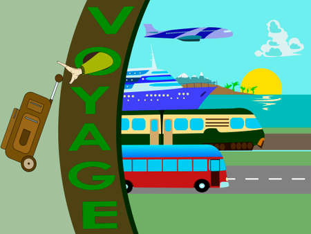 vector image in the form of a tourist postcard with the image of an airplane, cruise ship, train, tourist bus, for prints on advertising banners, flyers, luggage stickers and for decoratingのイラスト素材