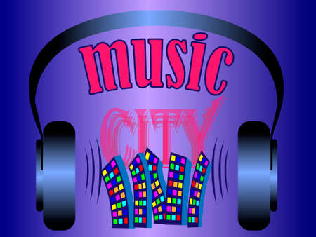 vector illustration with the image of headphones on the background of a colorful city and the inscription "music city" for prints on banners, postcards, clothes and for decoration in a musical styleのイラスト素材