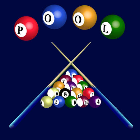 vector illustration depicting billiard cues and balls in a pyramid for prints on banners, postcards, advertising posters and for interior decoration of billiard clubs, bars and pubsのイラスト素材