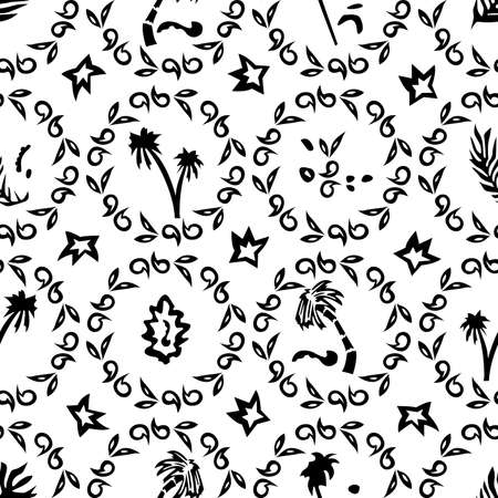 seamless black and white pattern from a set of simple images in the form of an ornament for prints on fabrics, clothes, packaging and for interior decoration, covers, frames and other surfacesのイラスト素材