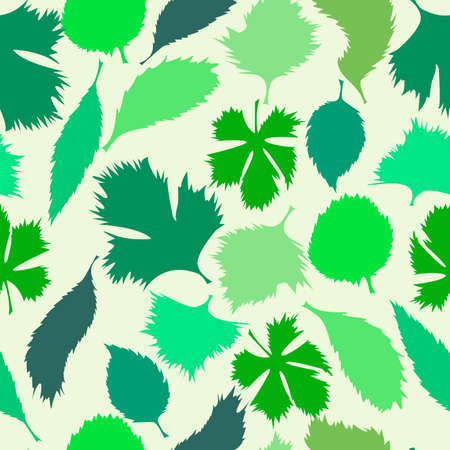 seamless pattern of various leaves in shades of green for prints on fabrics, packaging and for interior decoration, frames, ceramics and other surfaces in an ecological styleのイラスト素材
