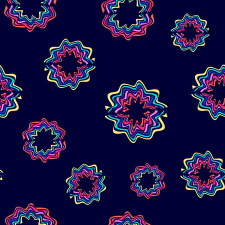 seamless pattern of colored abstract figures in the form of stars on a black background for prints on fabrics, clothing, packaging and for interior decorationのイラスト素材