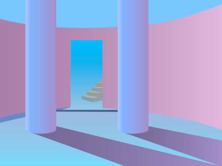 interior with the image of arches, columns, steps in soft pink-blue shades for decorating room backgrounds, greeting cards, banners and other illustrationsのイラスト素材