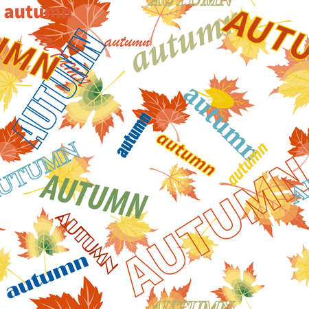 seamless abstract autumn background with the image of autumn leaves and the word autumn for the design of interior backgrounds, postcards, advertising banners and prints on fabrics, packagingのイラスト素材