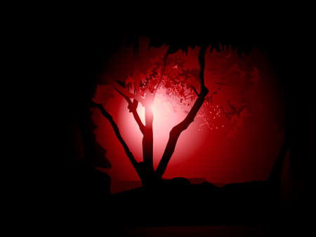 vector illustration depicting silhouettes of trees in red reflections on a dark background for decoration of interior backgrounds and prints on postcards and bannersのイラスト素材
