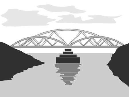 vector illustration depicting a bridge over a river in black and white shades for prints on flyers, postcards and for interior design in an urban styleのイラスト素材