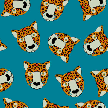 seamless pattern with the image of jaguar faces in cartoon style for prints on fabrics, packaging and decoration of interior backgrounds in children's cartoon styleのイラスト素材