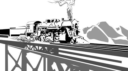 black and white vector illustration depicting an old locomotive for prints and decoration illustrations and backgrounds in vintage styleのイラスト素材