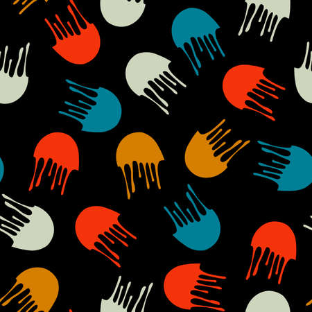 seamless colored pattern of figures resembling jellyfish on a dark background for prints on fabrics, packaging and for decorating backgrounds in a colorful styleのイラスト素材