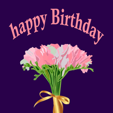vector drawing depicting a bouquet of pink flowers on a purple background with birthday greetings for prints on cards, banners and message designのイラスト素材