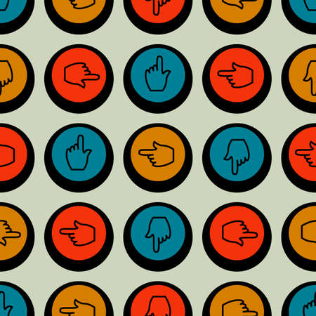 seamless multicolored pattern of buttons with forefingers applied to them on light backdrop for banner printing, packaging, fabrics and backdrop designs for interiors and websitesのイラスト素材