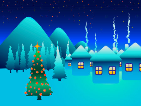 vector illustration depicting a winter village decorated in the New Year's style for the decoration of banners, showcases, posters in a festive Christmas styleのイラスト素材
